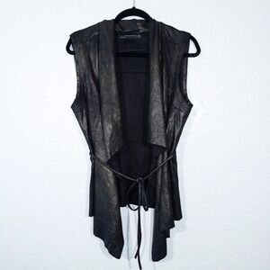 Zara Woman Black Metallic‎ Faux Suede Open Front Tie Vest Size Medium